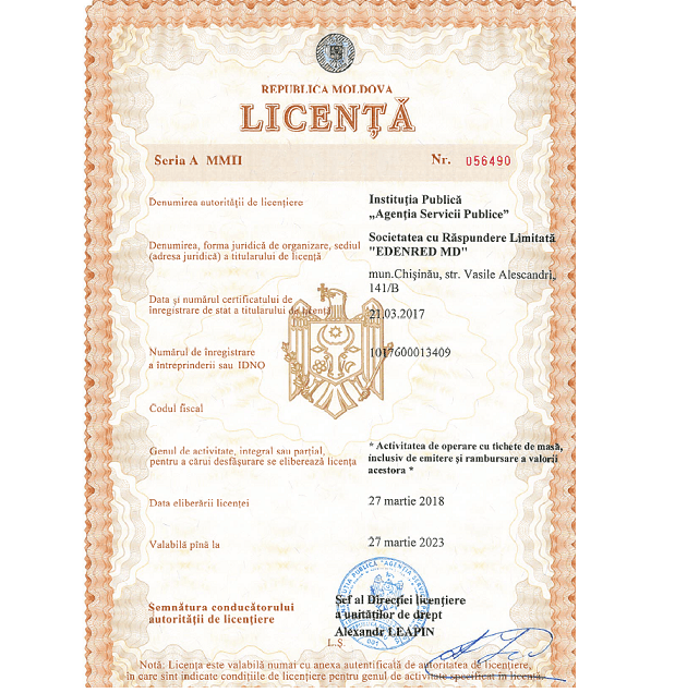 Compania franceză EDENRED este primul operator din Republica Moldova licențiat în producerea tichetelor de masă